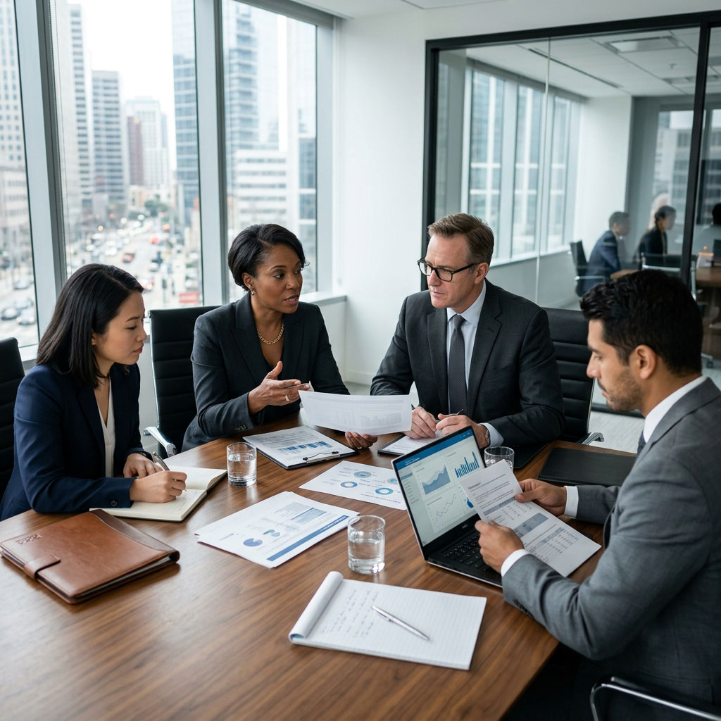 Advisors collaborating in a boardroom meeting
