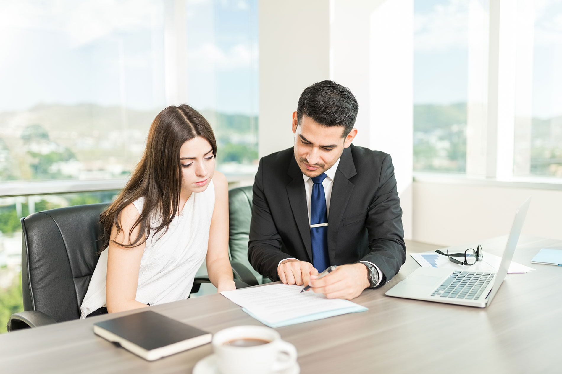 Advisor explaining a business document to a client